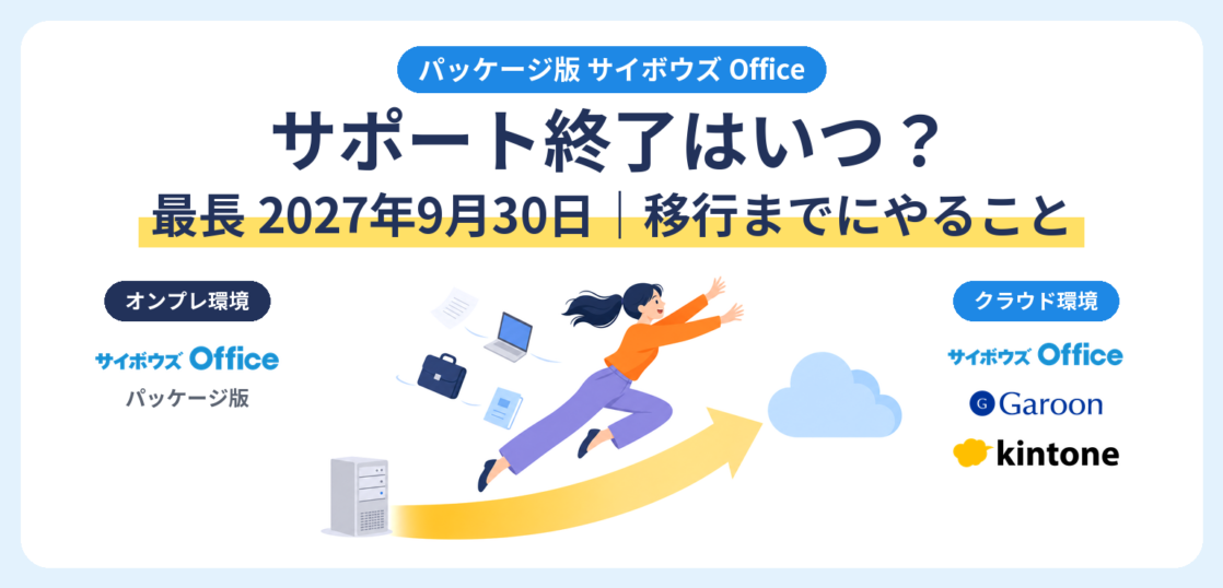 パッケージ版サイボウズ Officeのサポート終了と、オンプレ環境からクラウド版Office・Garoon・kintoneへの移行を表したアイキャッチ